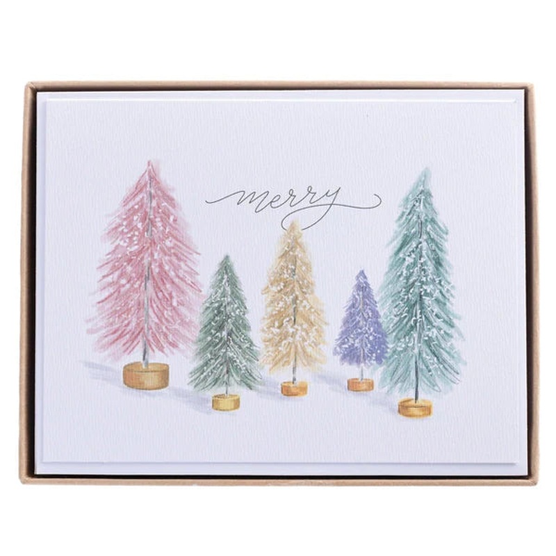 Christmas Colourful Tinsel Trees Holiday Boxed Card Pack Of 15